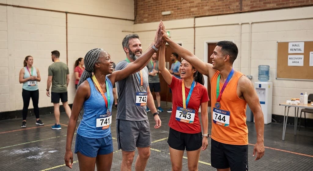 Four athletes in finisher medals celebrating after their race.